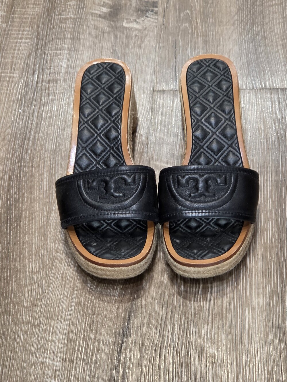 Tory Burch Fleming Espadrille Slide Sandals Womens Preowned Black Size 8.5